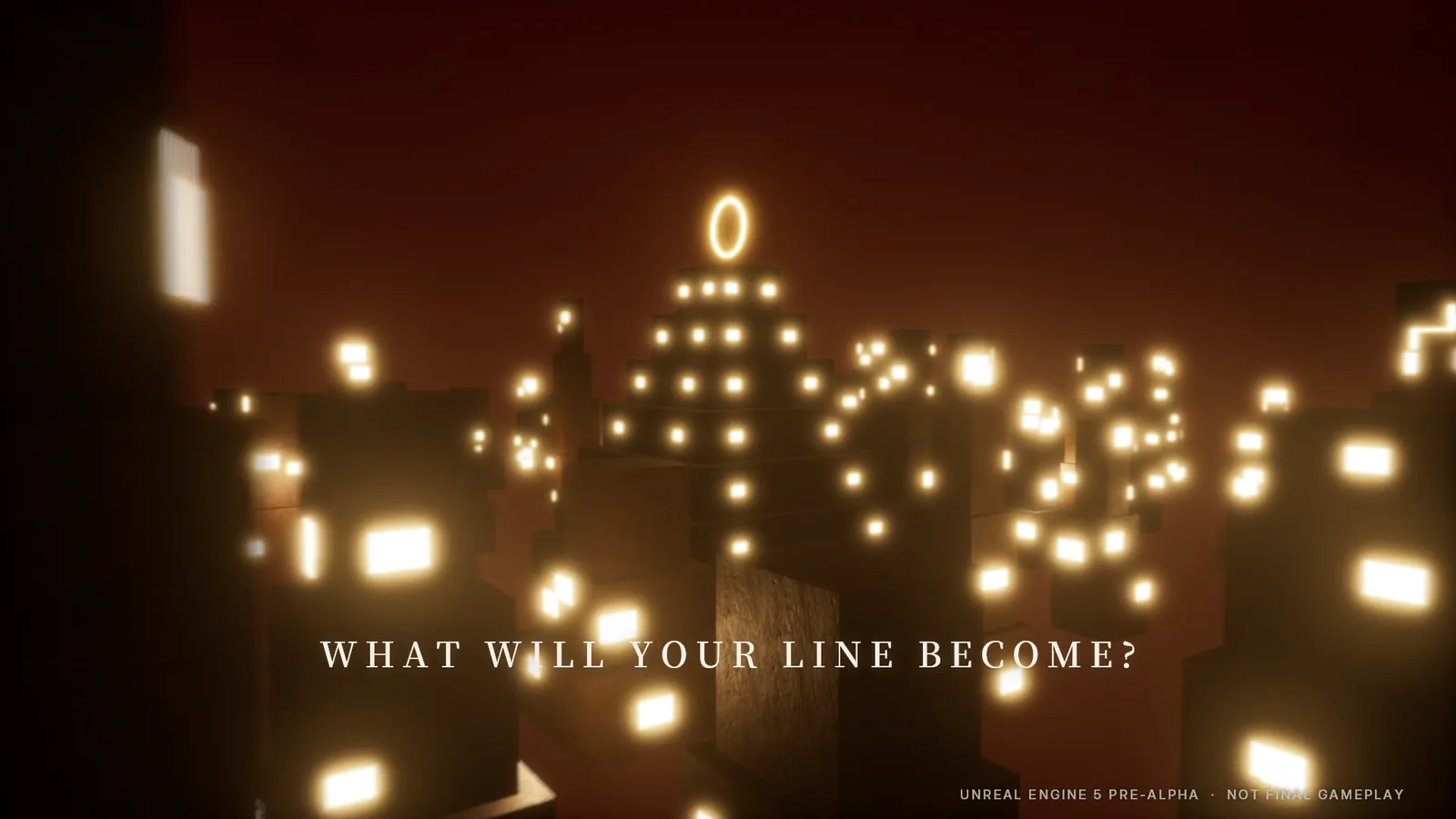A city of block towers glowing with lights at night, with the words 'What will your line become?'