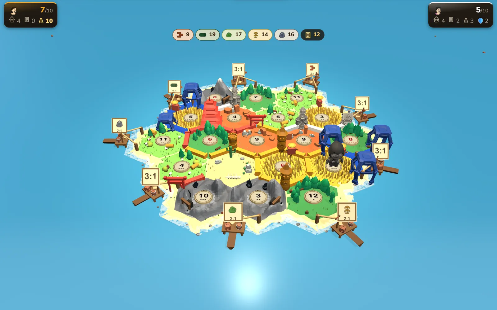 ForgeFrontier mid-game: a colourful 3D island with four players' cities and roads.