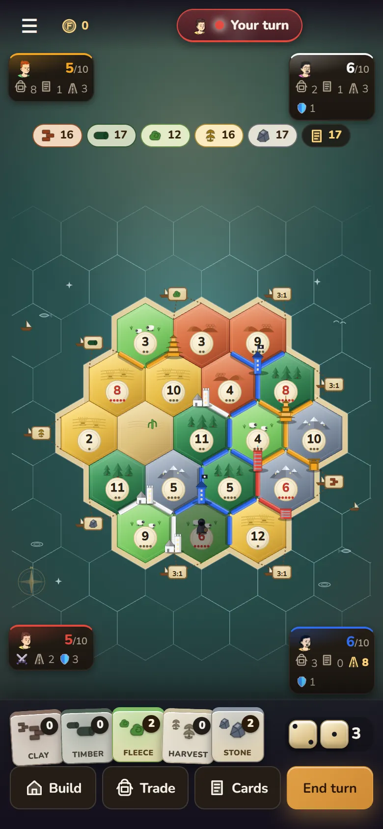 ForgeFrontier on a phone: the 2D island board mid-game with four players' scores, resource cards and Build, Trade, Cards and End turn buttons.