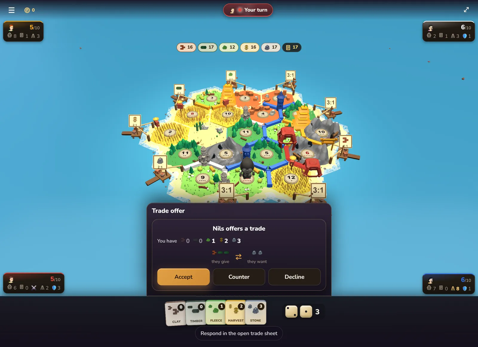 A bot opponent offers the player clay and timber for two stone, with Accept, Counter and Decline buttons over the 3D board.
