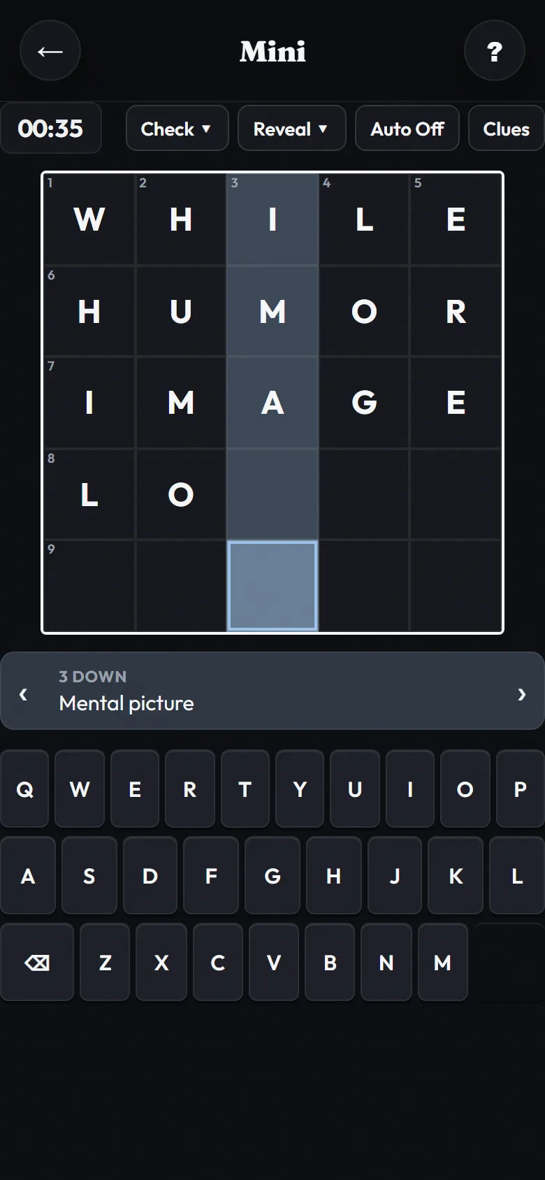 A partly filled five-by-five mini crossword on a phone, with the current clue, a timer and an on-screen keyboard.
