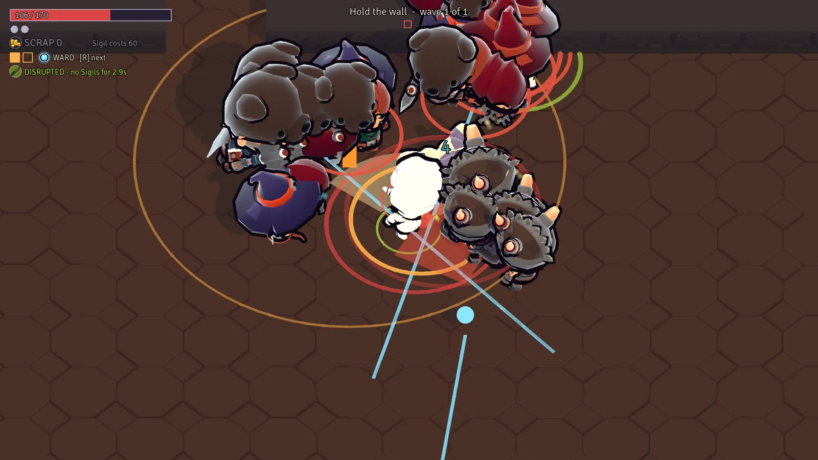 A hero surrounded by a crowd of spiked and hooded enemies, with the objective 'Hold the wall, wave 1 of 1'.