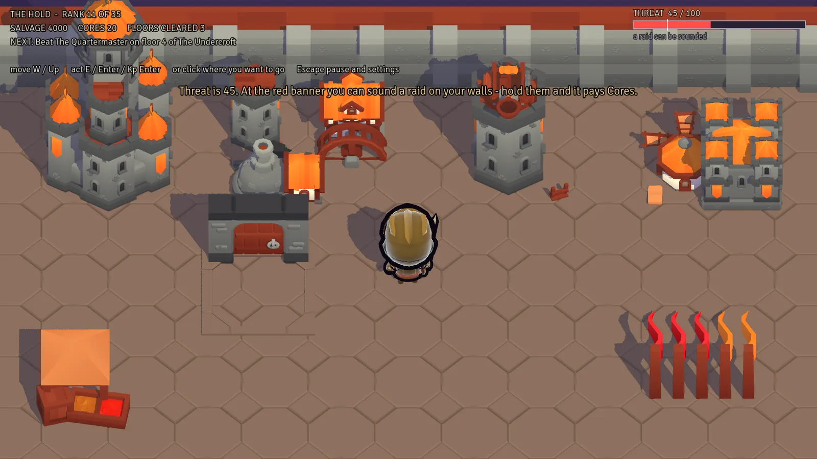 The Hold, a home base of stone towers and workshops, with a threat meter and a prompt to sound a raid at the red banner.