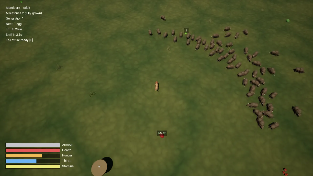 Seen from above, a manticore watches a large herd of grazing animals move across a grassy plain.