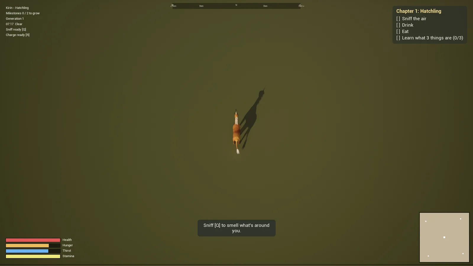 A newly hatched kirin seen from above, with a first-chapter checklist: sniff the air, drink, eat, and learn what three things are.